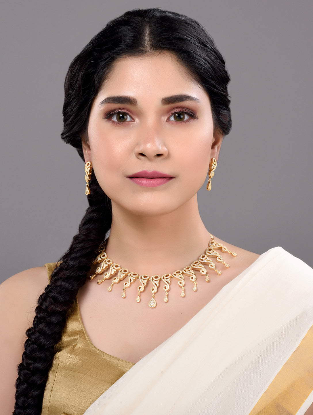 Gold Plated white AD Studded Stylish Choker Necklace dropdown Earrings Set